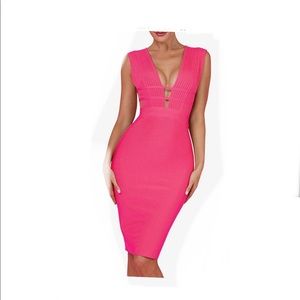 Sleeveless Deep Plunge V Neck Bandage Dress with Waist Straps XS pink